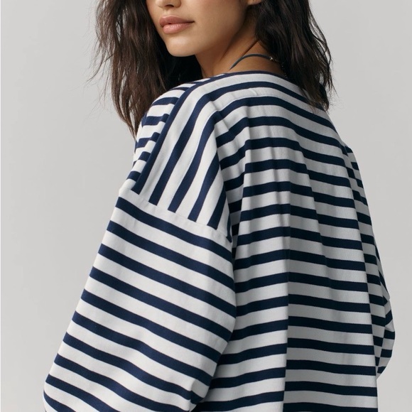 Anthropologie Navy & White Striped Boatneck Sweatshirt - Picture 3 of 6